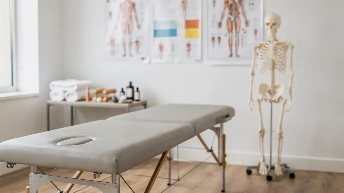 Behandlungsraum der Osteopathie mit Modell-Skelett und Behandlungsliege zum Thema Grenzen der Osteopathie