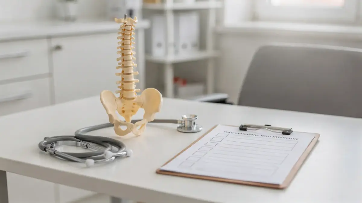 Osteopathie-Motiv mit Wirbelsäulenmodell und Checkliste in einer medizinischen Praxis