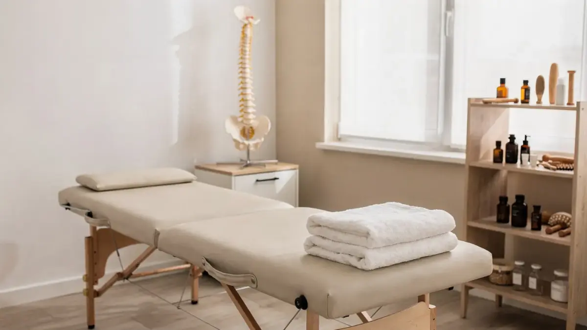 Osteopathie-Behandlungsraum mit Behandlungsliege und Anatomiemodell zum Thema Risiken der Osteopathie