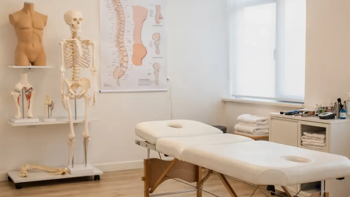Osteopathie-Klinik mit Behandlungsliege und Anatomiemodellen zur Studienlage Osteopathie