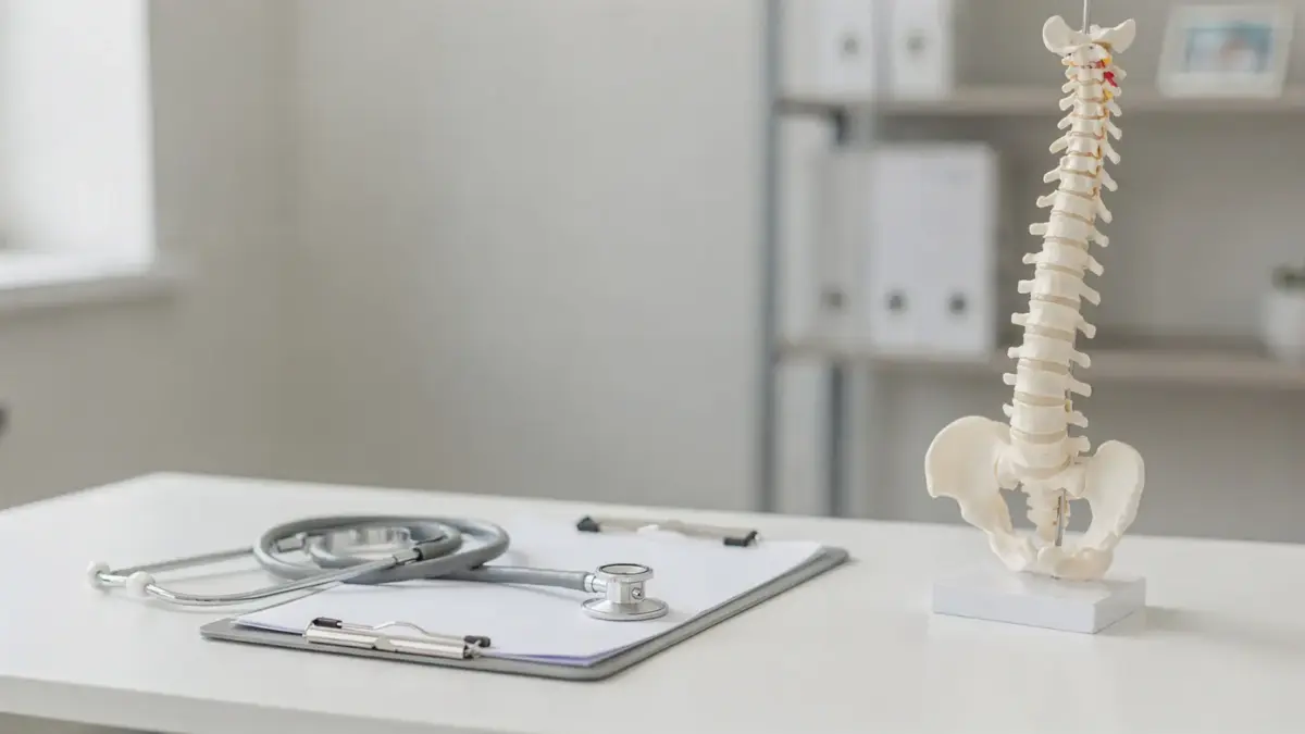 Ärztliche Abklärung vor Osteopathie mit Stethoskop, Klemmbrett und Wirbelsäulenmodell