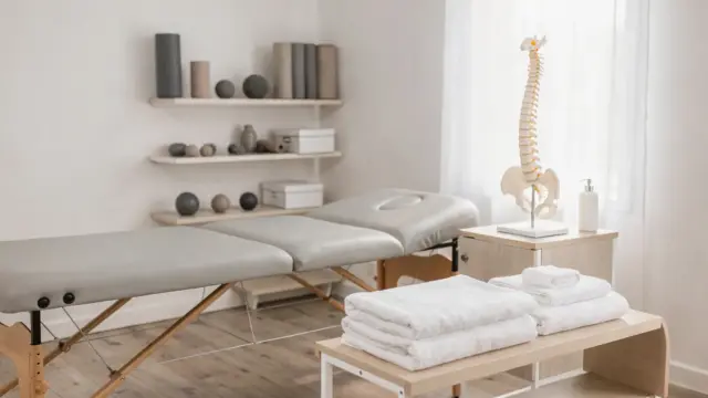 Osteopathie-Risiken: Behandlungsraum mit Liege und Wirbelsäulenmodell