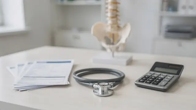 Versicherungsunterlagen und medizinische Utensilien zum Thema Krankenkasse und Osteopathie