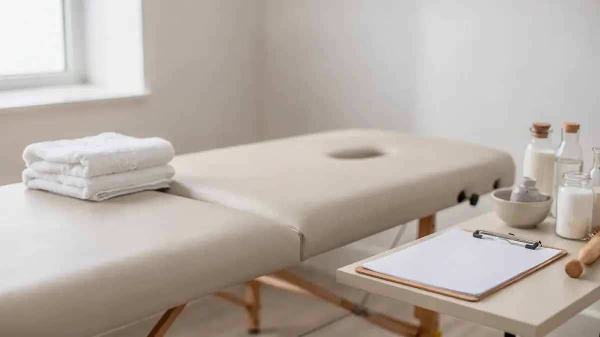 Vorbereitung auf Osteopathie: Behandlungsliege und Unterlagen in einer hellen Praxis