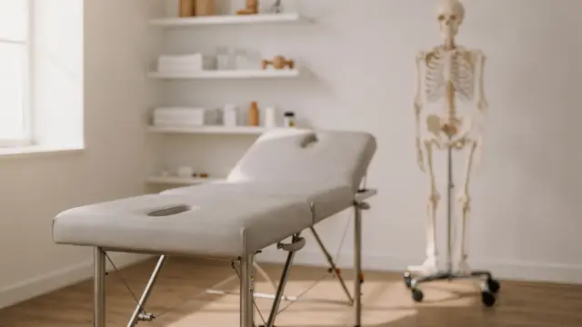 Osteopathie-Praxis mit Behandlungsliege und Skelettmodell zum Thema geschützter Beruf