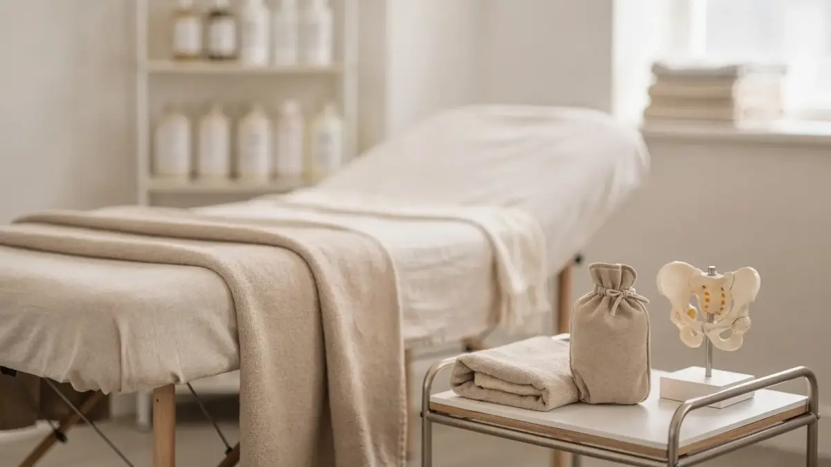 Osteopathie bei Menstruationsbeschwerden in einer ruhigen Behandlungssituation mit Fokus auf den unteren Rücken