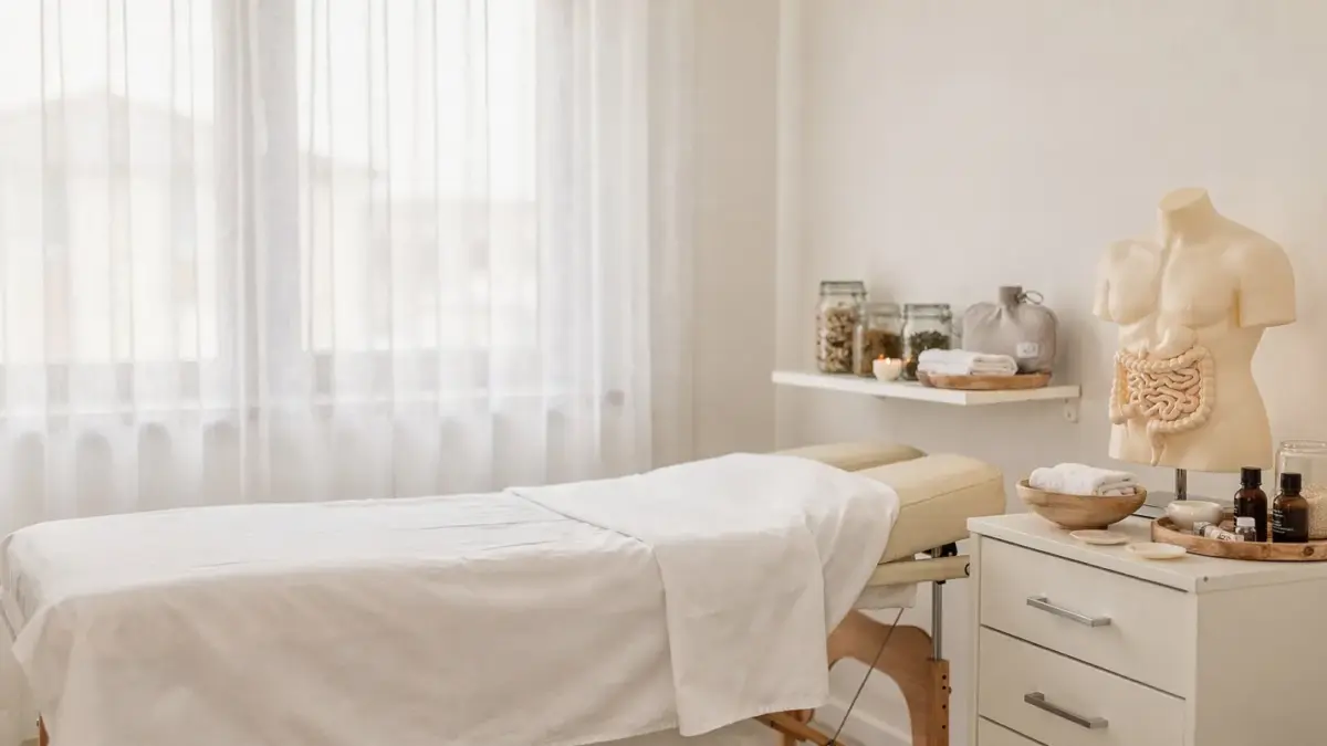 Osteopathie bei Sodbrennen: Behandlungsraum mit Behandlungsliege und anatomischem Torso-Modell