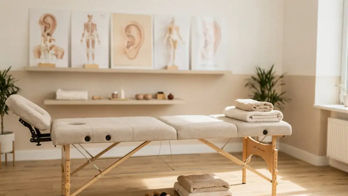Behandlungsraum für Osteopathie bei Tinnitus mit Liege und Anatomiemodell