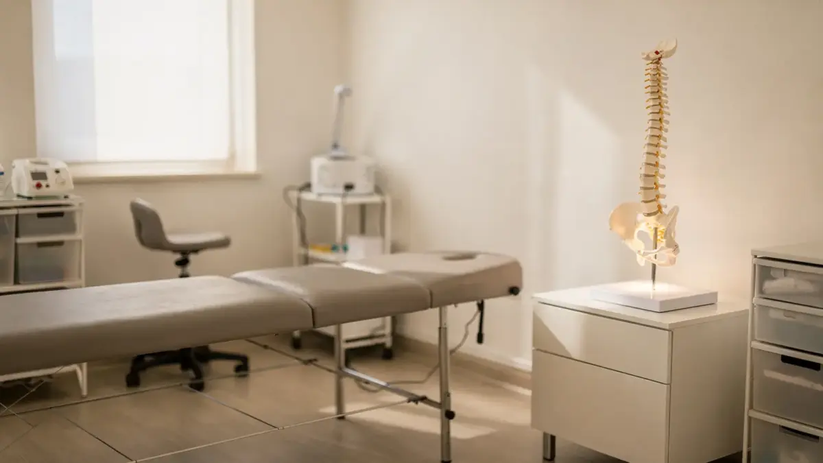 Osteopathie-Kontraindikationen: Behandlungsraum mit Liege und Wirbelsäulenmodell