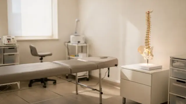 Osteopathie-Kontraindikationen: Behandlungsraum mit Liege und Wirbelsäulenmodell