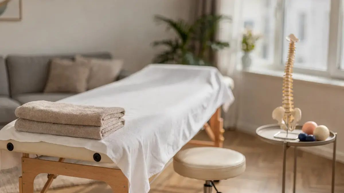 Osteopathie-Hausbesuch in heller Wohnung mit Behandlungsliege und Wellness-Zubehör