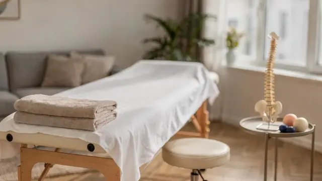 Osteopathie-Hausbesuch in heller Wohnung mit Behandlungsliege und Wellness-Zubehör