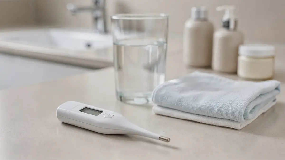 Selbsthilfe bei Entzündung: Badezimmer-Set mit Thermometer, Wasser und Kühlkompresse