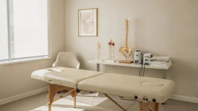 Erste osteopathische Behandlung in einer Praxis mit Patient, Behandlungsbank und anatomischem Modell