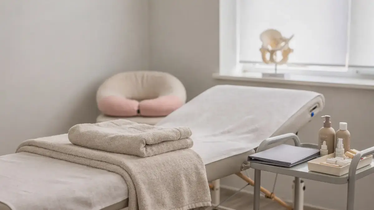 Osteopathie in der Schwangerschaft: Behandlungsraum mit Therapieliege, Modell des Beckens und Schwangere