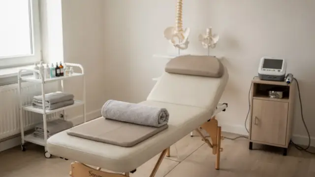 Schwangere bei osteopathischer Behandlung des Rückens in heller Praxis
