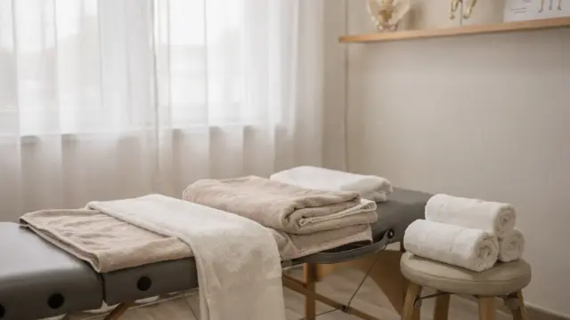 Behandlungsraum für Osteopathie im Wochenbett mit Liege, Decken und Handtüchern