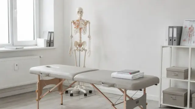 Osteopathie-Ausbildung mit Skelettmodell, Massageliege und Lernmaterial im Seminarraum