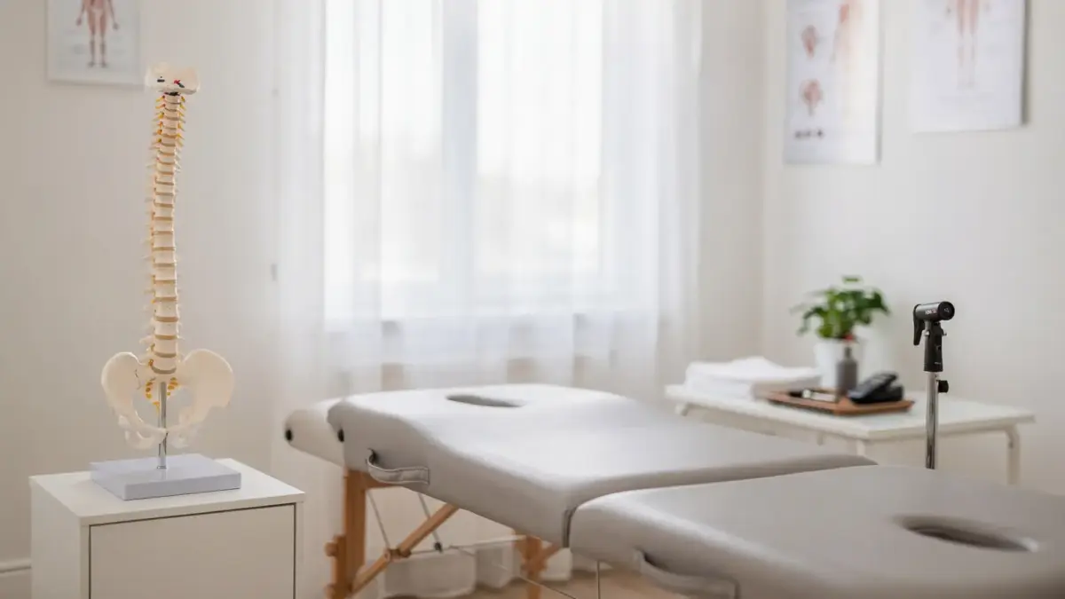 Behandlungsraum für Osteopathie bei Schwindel mit Behandlungsliege und Wirbelsäulenmodell