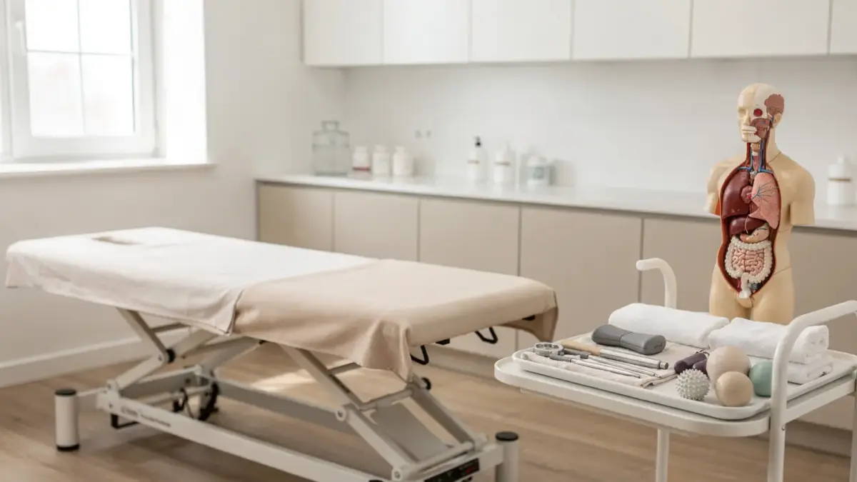 Behandlungsraum mit Anatomiemodell zur viszeralen Osteopathie