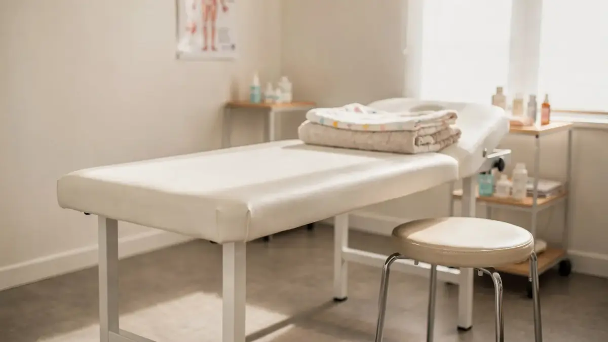 Pädiatrische Osteopathie bei Babykoliken in einer hellen Behandlungsumgebung mit Liege und Babydecke