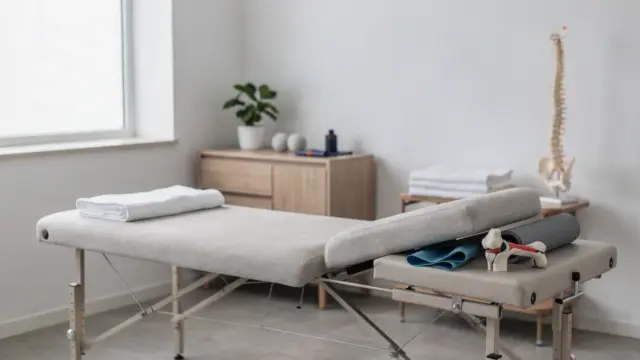 Osteopathische Behandlungsszene mit Therapieliege und Anatomiemodell zum Thema Bewegung und Gewebe