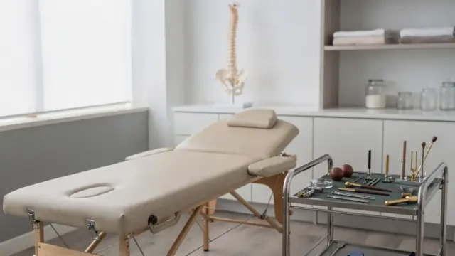 Osteopathie-Behandlungsraum mit Behandlungsliege und Anatomiemodell zur Ursachenanalyse