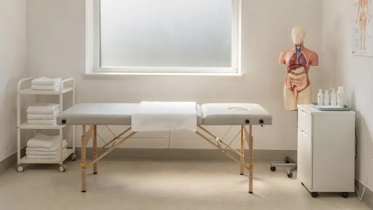 Osteopathie bei Verstopfung: Behandlungsraum mit Anatomiemodell des Bauchs
