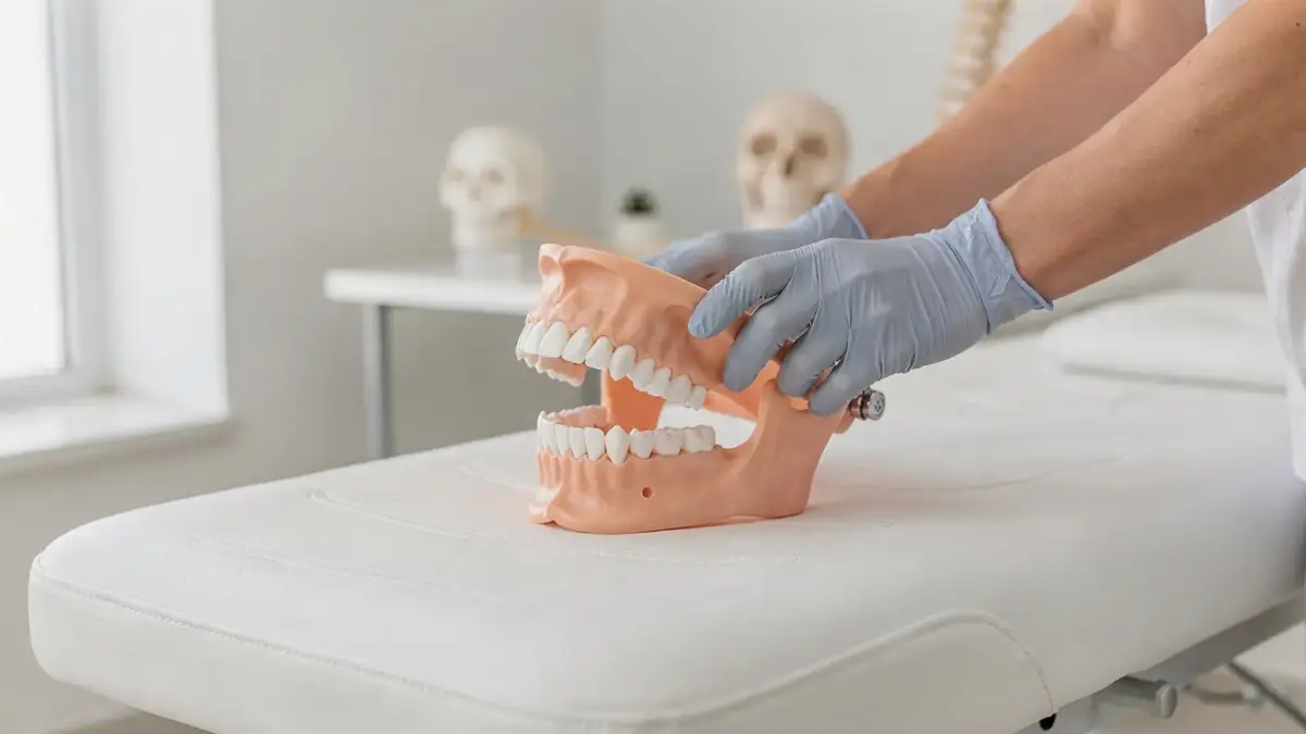 Osteopathie bei Kieferbeschwerden: Behandlungssituation mit Kiefermodell in einer hellen Praxis