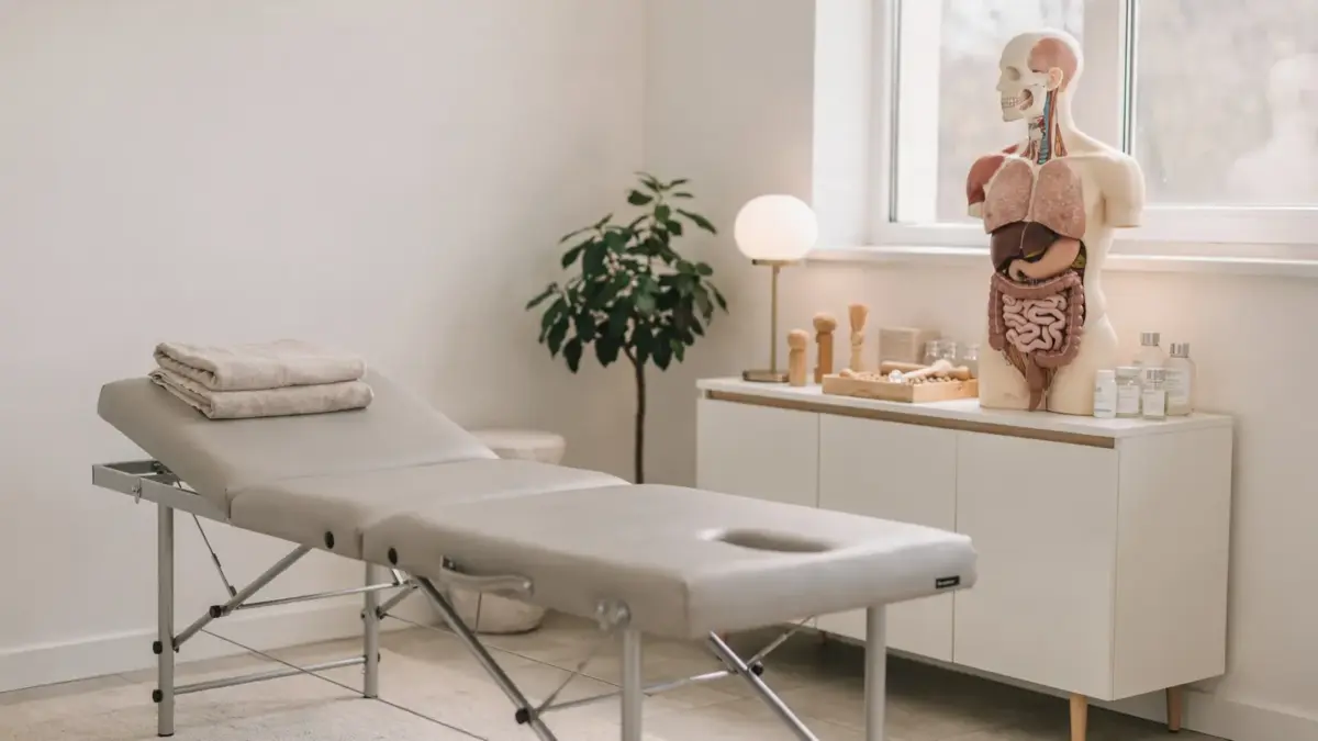 Osteopathie bei Verdauungsbeschwerden: Behandlungsraum mit Liege und Anatomiemodell