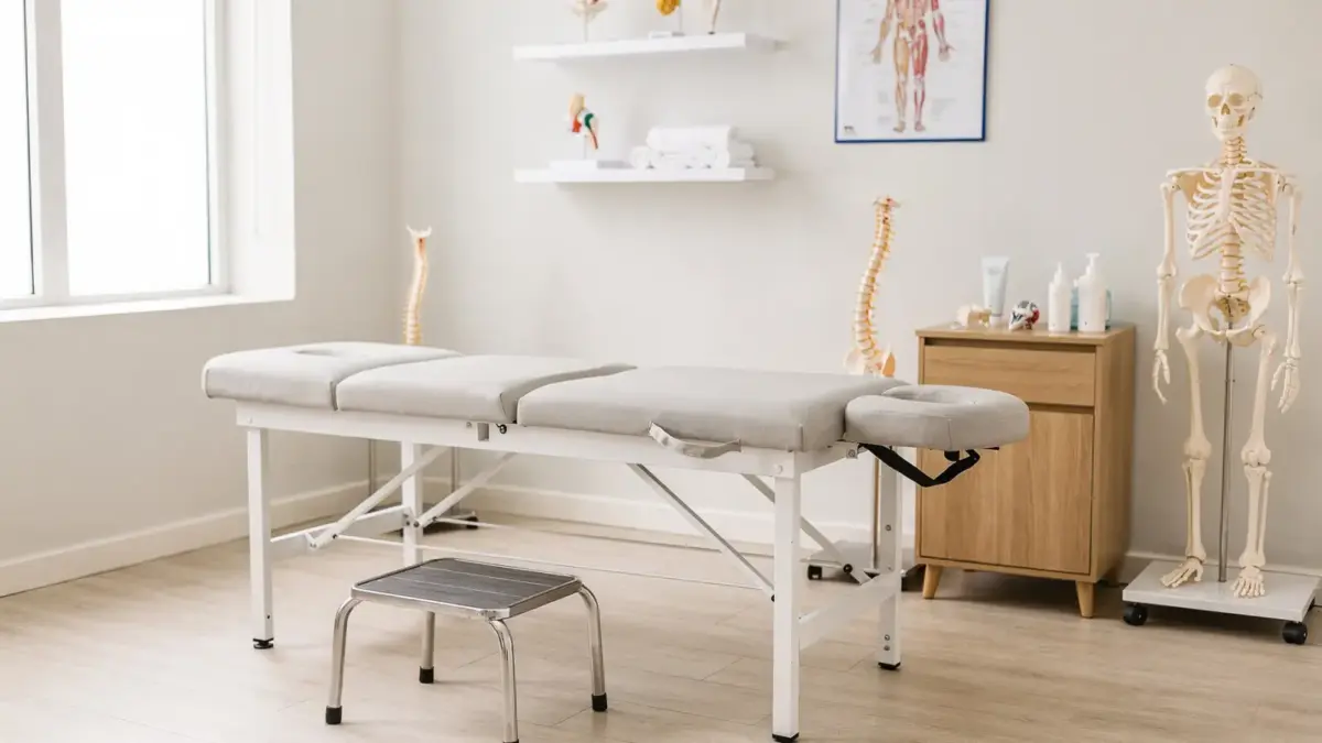 Osteopathie-Praxis mit Behandlungsliege und Anatomiemodell zum Thema ärztliches Rezept