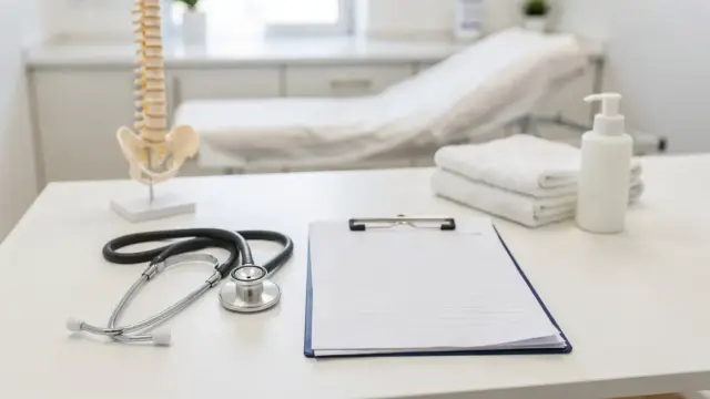 Arztverordnung für Osteopathie auf einem Schreibtisch in einer hellen Praxis