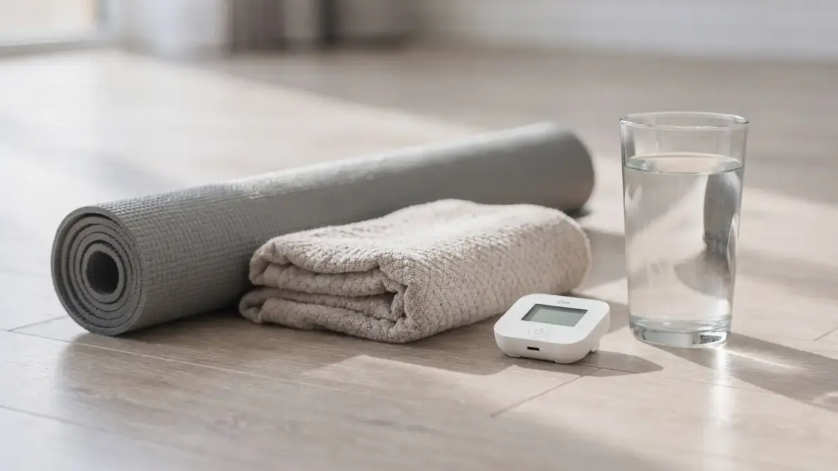 Ruhige Wellness-Szene mit Yoga-Matte und Timer zu Entspannungsübungen bei Unruhe
