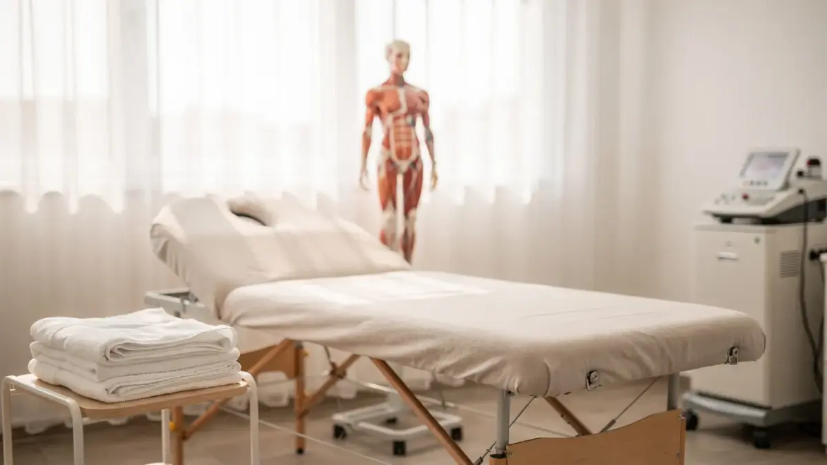 Osteopathie und Regeneration: Behandlungsraum mit Massageliege, Handtüchern und Anatomiemodell