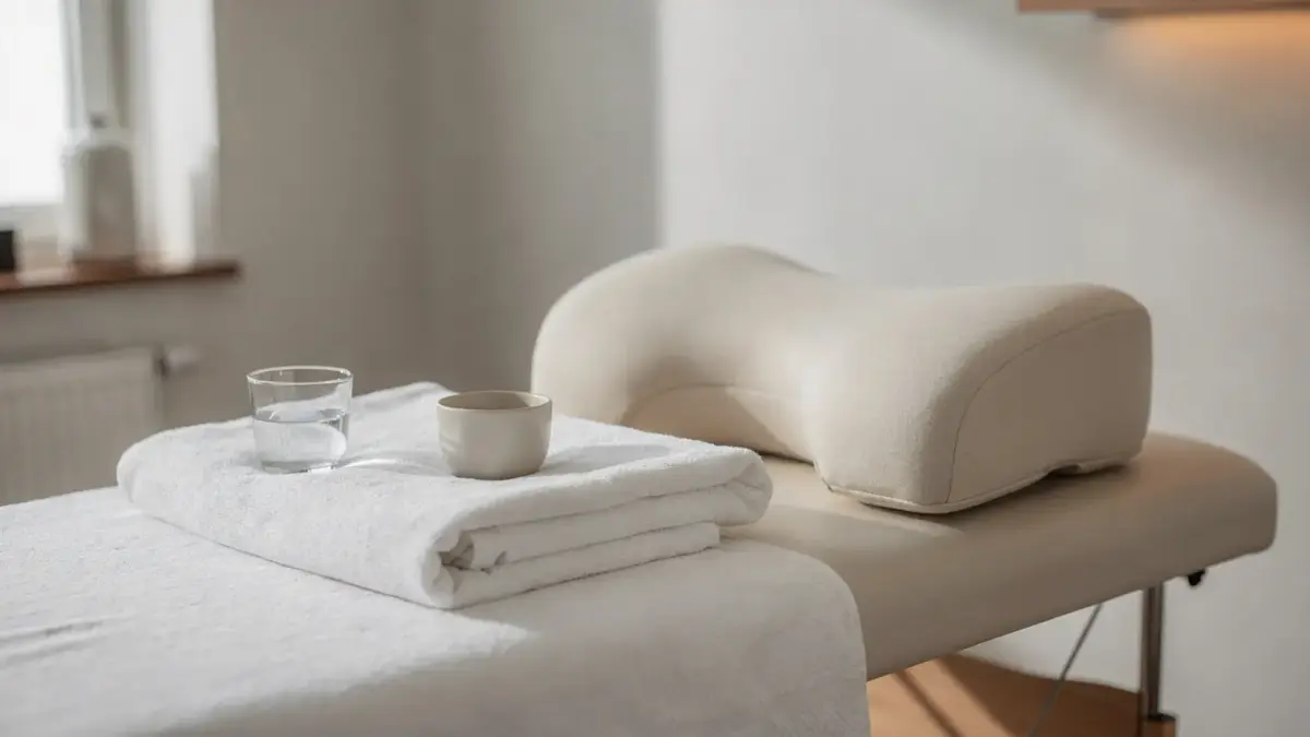 Ruhige Wellnessszene mit Liege, Handtuch und Nackenkissen zum Thema Stress und Verspannungen