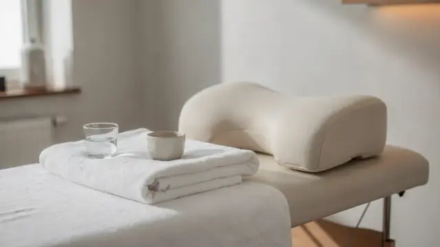 Ruhige Wellnessszene mit Liege, Handtuch und Nackenkissen zum Thema Stress und Verspannungen