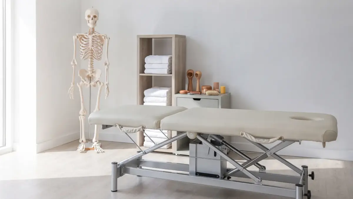 Osteopathie-Behandlungsraum mit Behandlungsliege und Anatomiemodell zum Thema: Wie lange dauert eine Osteopathie-Sitzung?