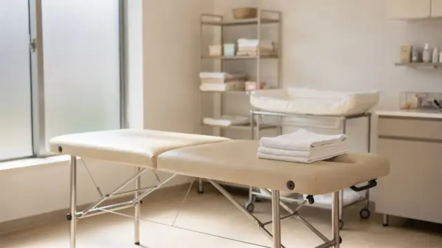 Osteopathie nach der Geburt: Behandlungsraum mit Liege und ruhiger medizinischer Ausstattung