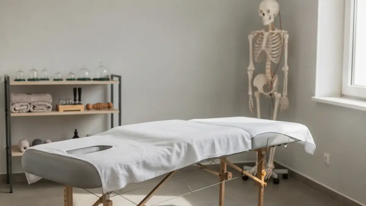 Osteopathie-Behandlungsraum mit Behandlungsliege und Anatomiemodell zum Thema Wirkung einer osteopathischen Behandlung