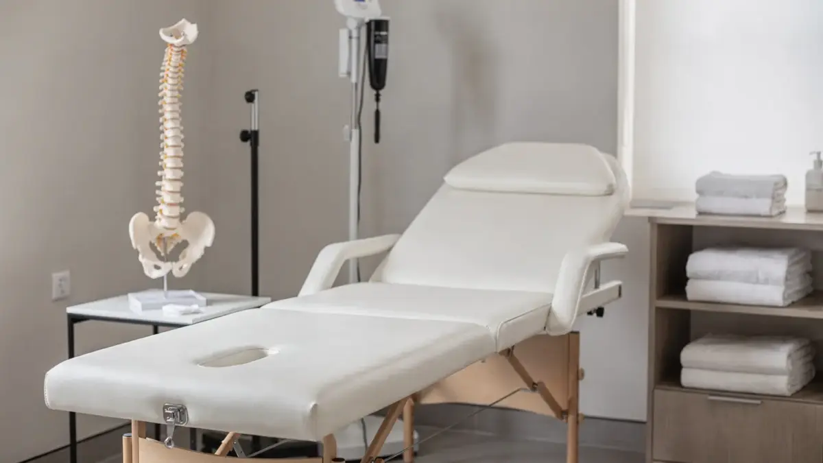 Osteopathie-Behandlung in heller Praxis mit Liege, Anatomiemodell und sanfter manueller Therapie