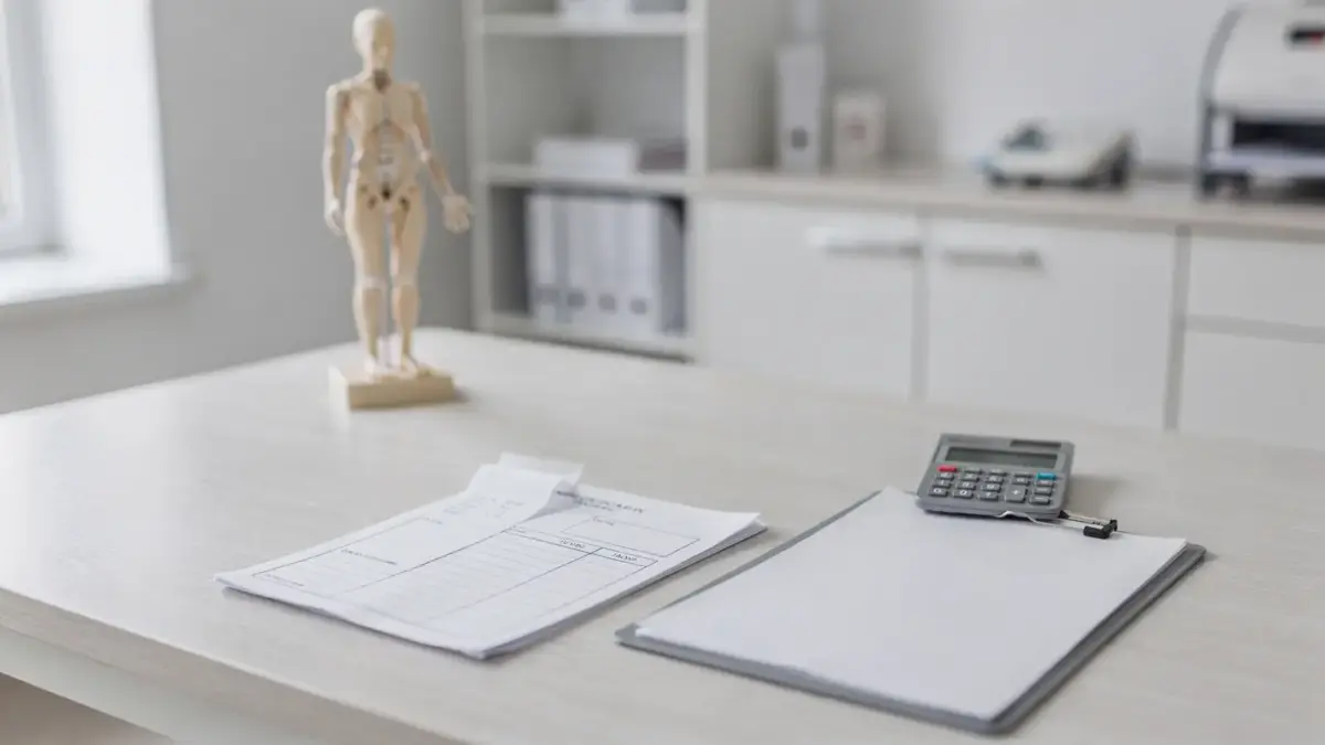 Osteopathie-Abrechnung mit Rechnung, Kasse und Unterlagen auf einem Praxistisch