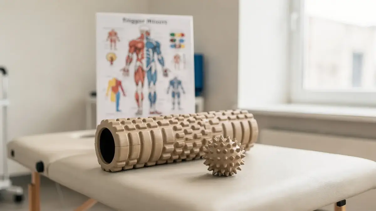 Hilfsmittel für das Selbstmassieren von Triggerpunkten: Faszienball, Rolle und Anatomiechart