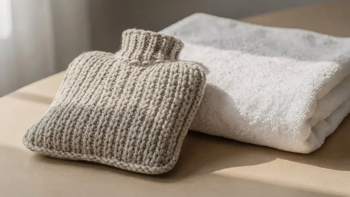 Wärmeanwendung bei Verspannungen mit Wärmekissen, Tuch und neutralem Home-Setting
