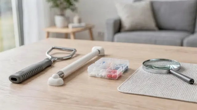 Hilfsmittel bei Selbsthilfe: Reacher, Haltegriff und rutschfeste Matten in einer Wohnung