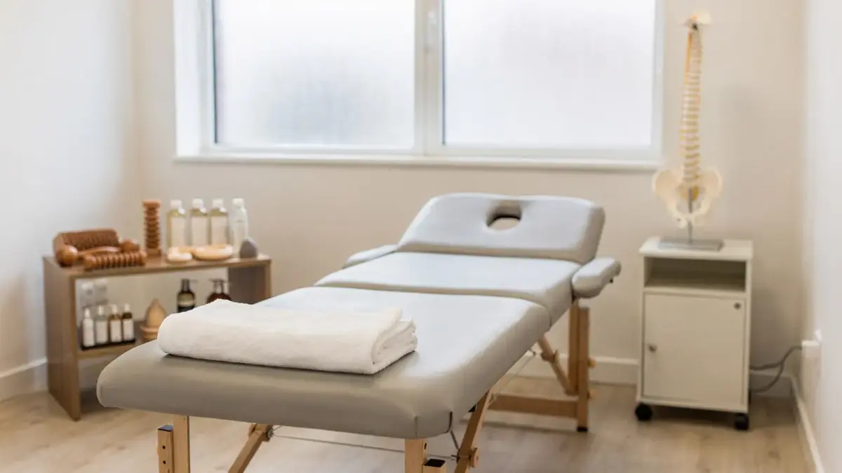 Osteopathie bei chronischen Rückenschmerzen: Behandlungsraum mit Liege und Wirbelsäulenmodell
