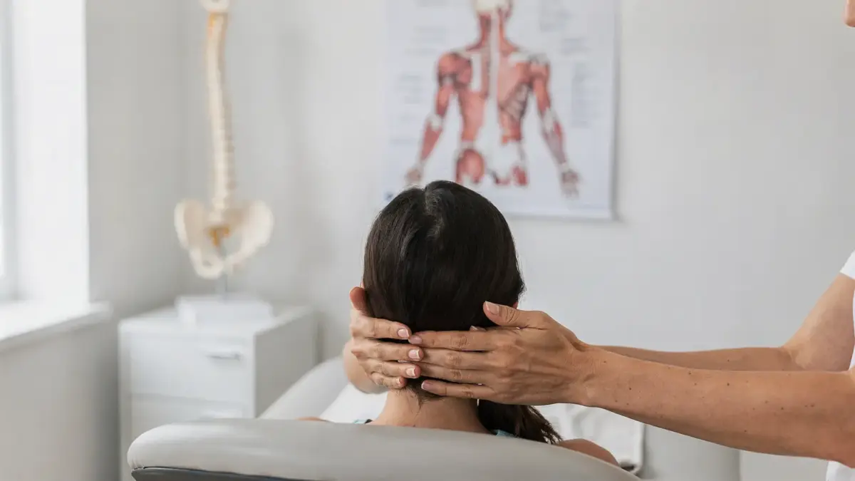 Osteopathie bei Nackenverspannungen: Behandlungsliege, Wirbelsäulenmodell und sanfte manuelle Therapie im Praxisraum