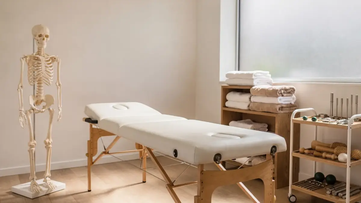 Osteopathie-Behandlungsraum mit Behandlungsliege und Anatomiemodell zum Thema Für wen ist Osteopathie geeignet?