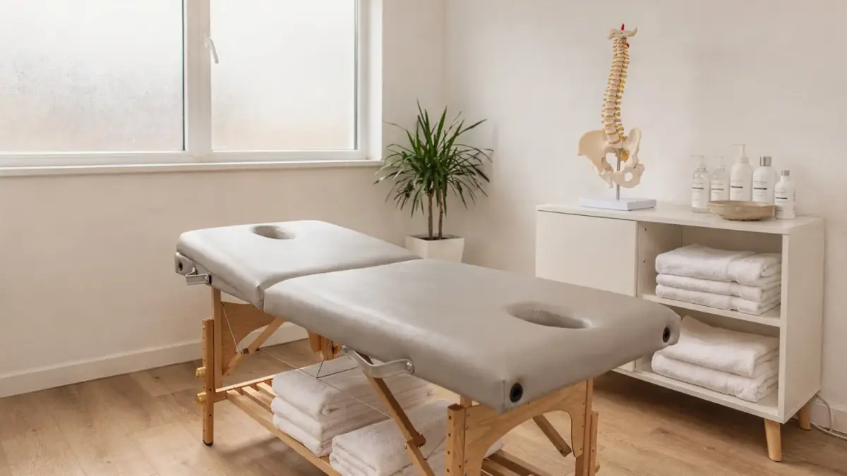 Osteopathische Behandlung: ruhiger Behandlungsraum mit Liege und anatomischem Modell