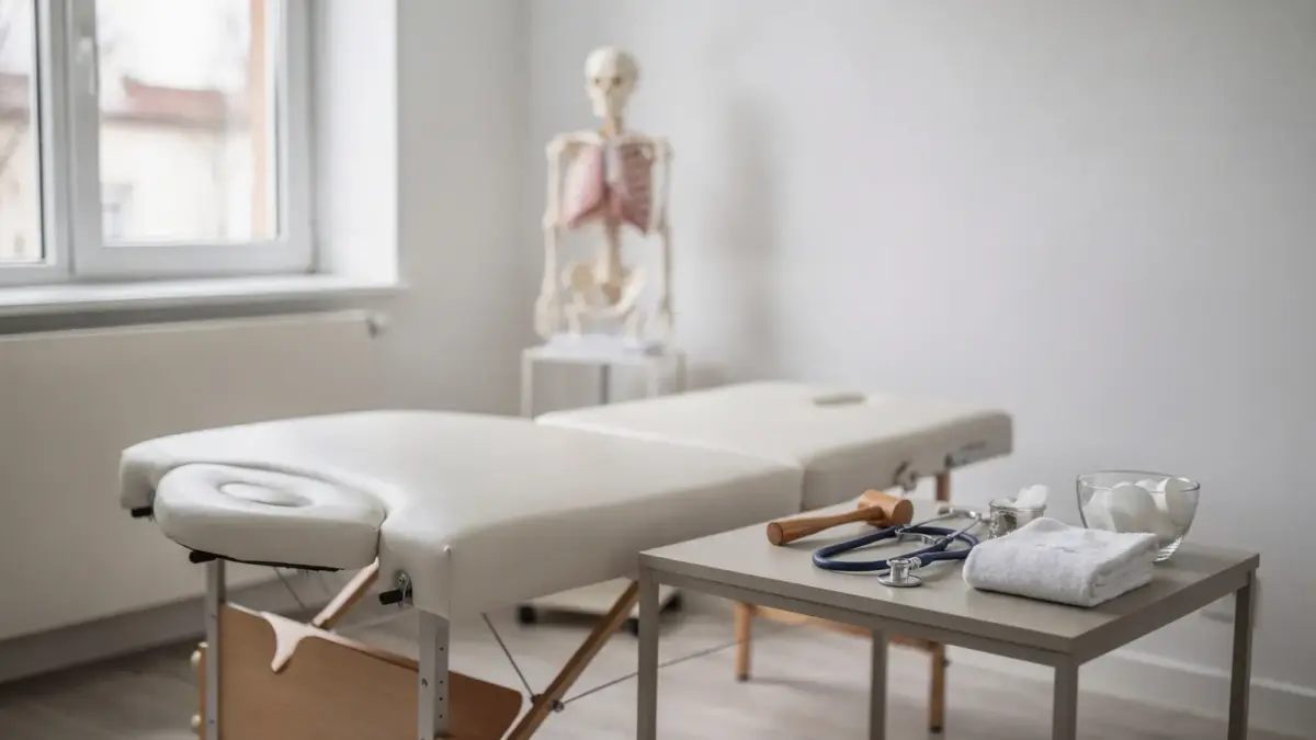 Behandlungsraum mit Liege und Modell des Brustkorbs zur Osteopathie bei Atembeschwerden