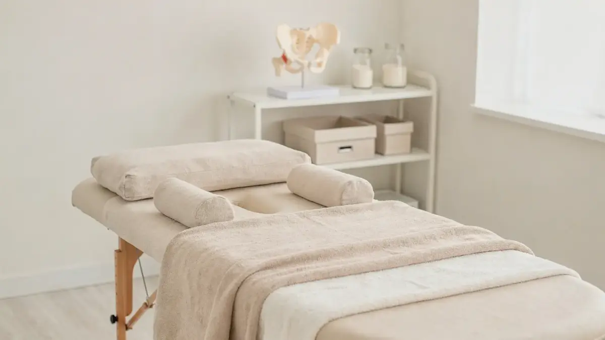 Osteopathie in der Schwangerschaft: Behandlungsraum mit Liege, Kissen und Beckenmodell